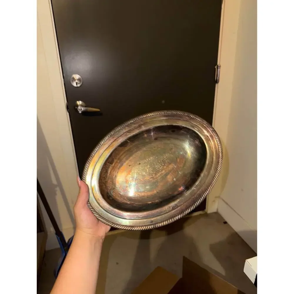 Vintage Silver-Plated Oval Serving Bowl with Rope Rim